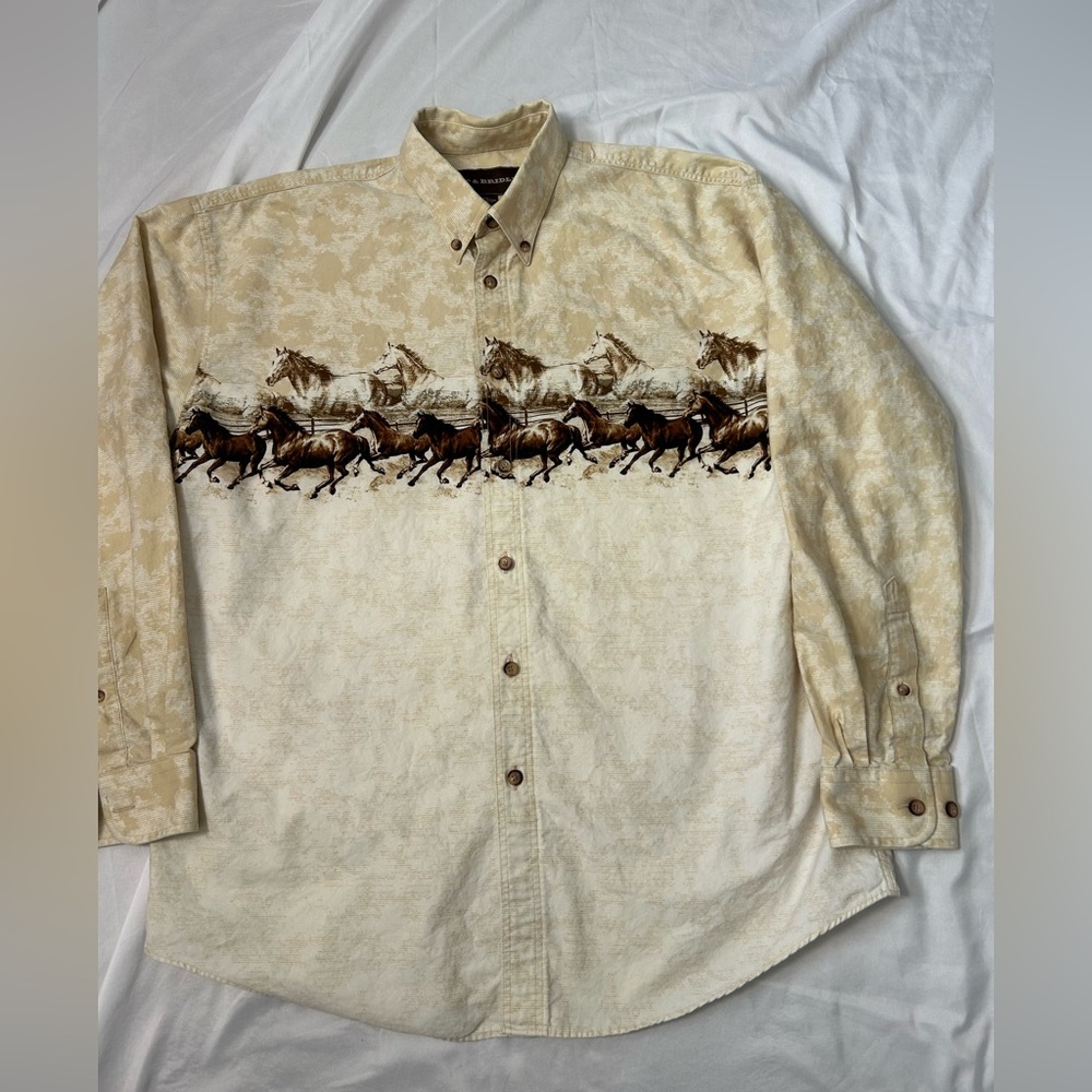 Vintage 90s Bit & Bridle Beige Horse Print Western Cowboy Shirt, Size XL